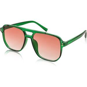 New Feisedy Womens Green Frame Brown Lens 70s Retro Square Aviator Sunglasses